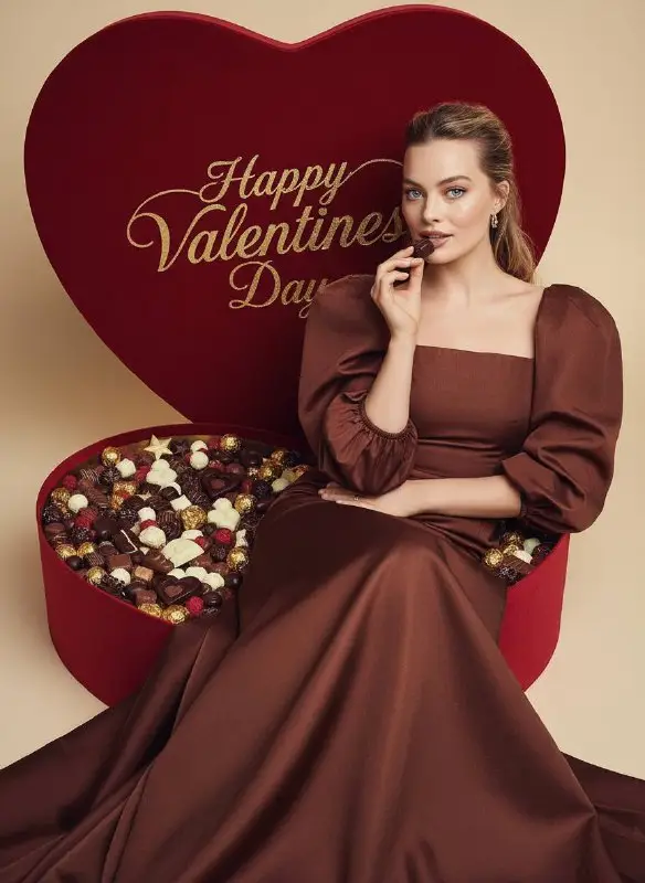 Woman in brown dress sitting in giant heart chocolate box