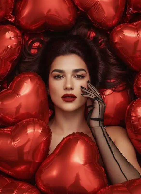 Elegant Woman Lying Down Surrounded by Red Heart Balloons