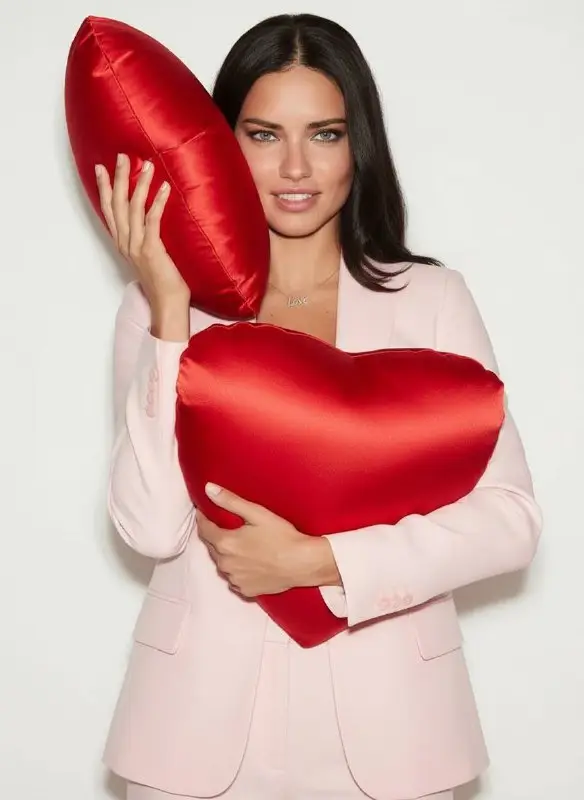 Elegant Woman in Pink Blazer Holding Red Heart Pillows