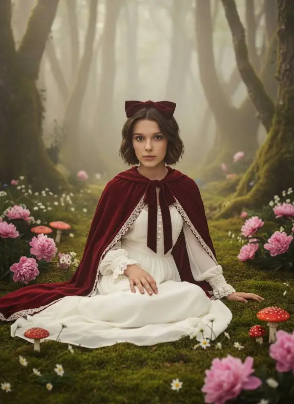 Young woman in red velvet cape sitting in enchanted forest
