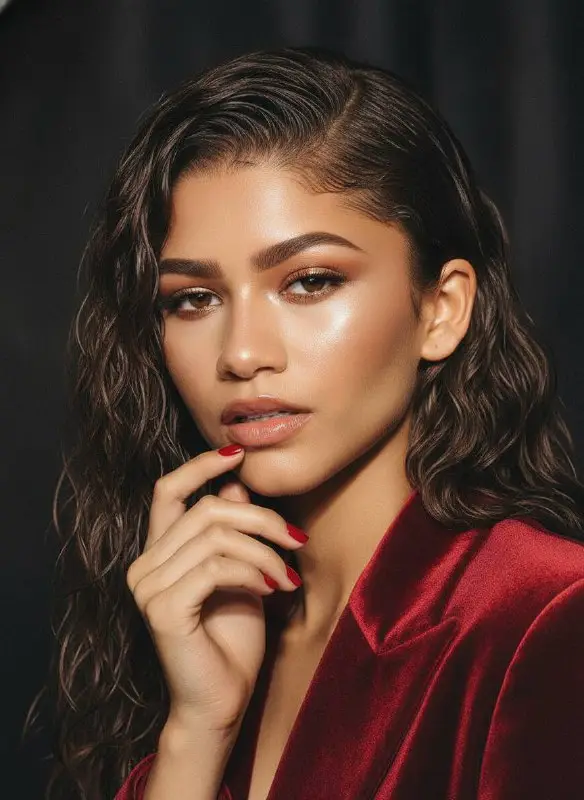 Glamorous woman in red velvet blazer with wet hair portrait