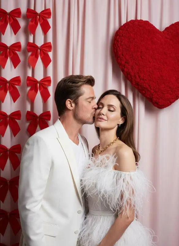 Romantic couple portrait with man kissing woman's cheek on pink background