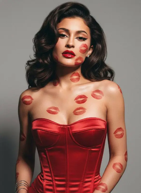 Studio Portrait of Glamourous Woman with Red Lipstick Kiss Marks