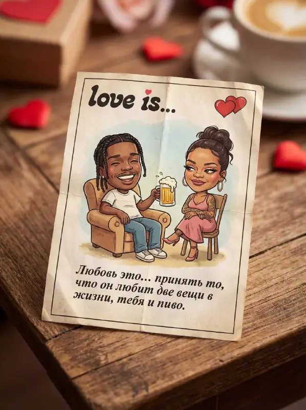 Romantic cartoon couple on a vintage style love is card