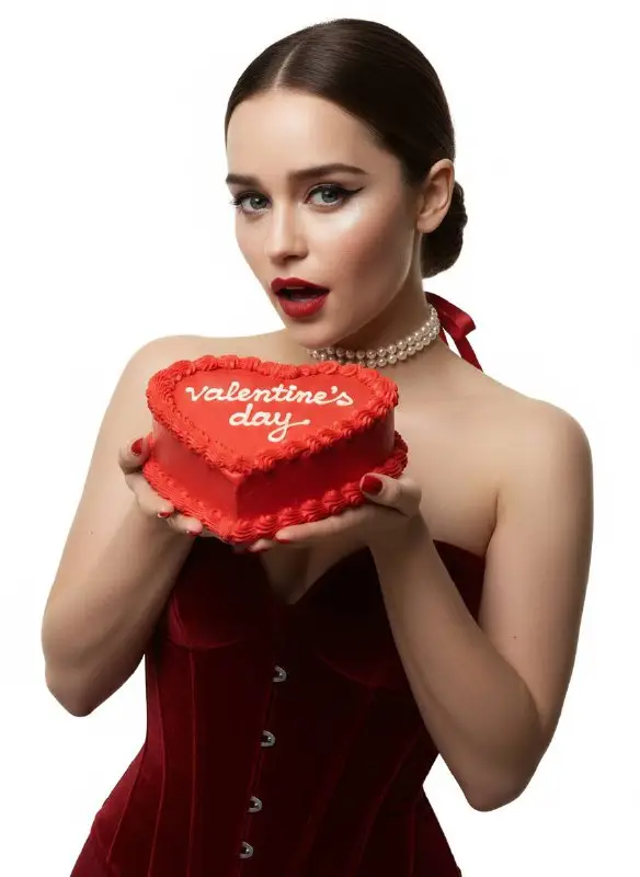 Woman in red corset holding heart-shaped Valentine's Day cake