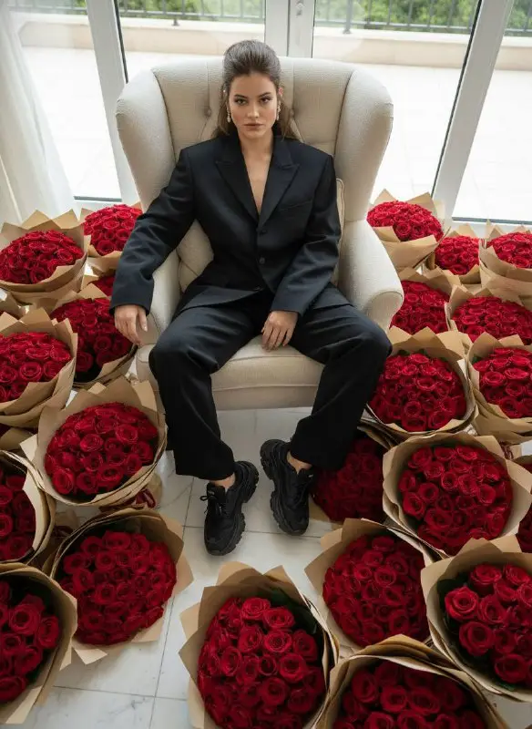Woman in Black Suit Surrounded by Red Rose Bouquets