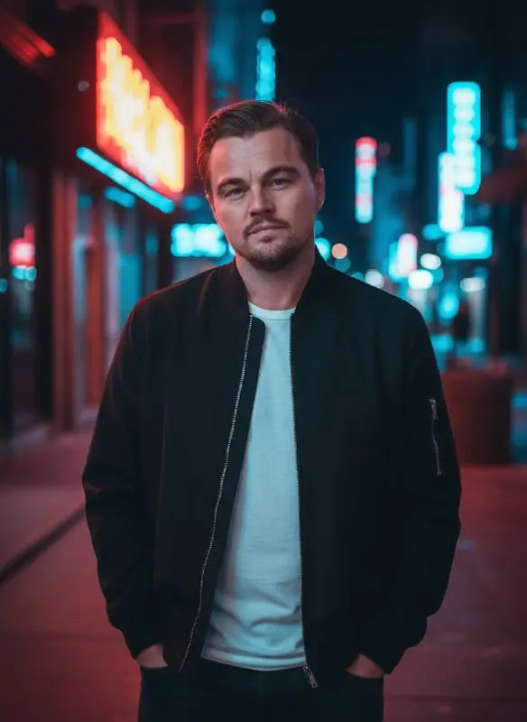 Stylish man in black jacket under city neon lights