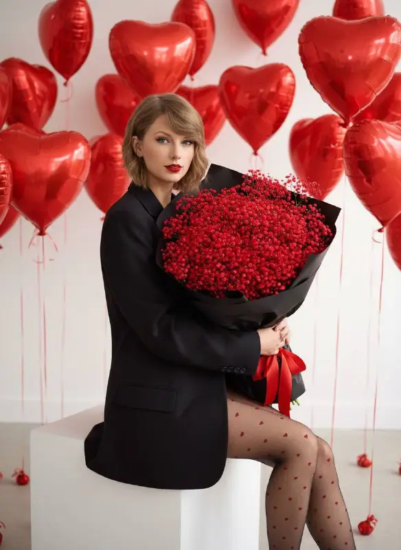 Elegant woman with giant red bouquet and heart balloons background