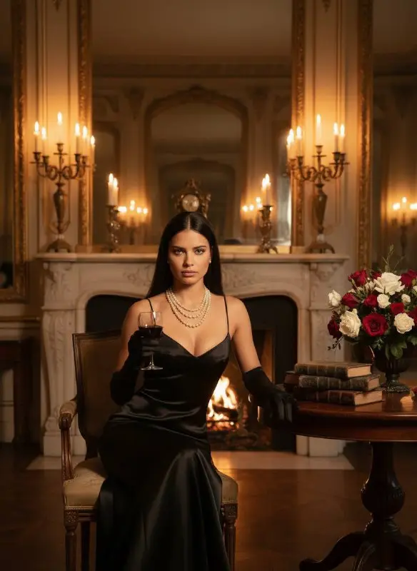Elegant woman in black silk dress by a cozy fireplace