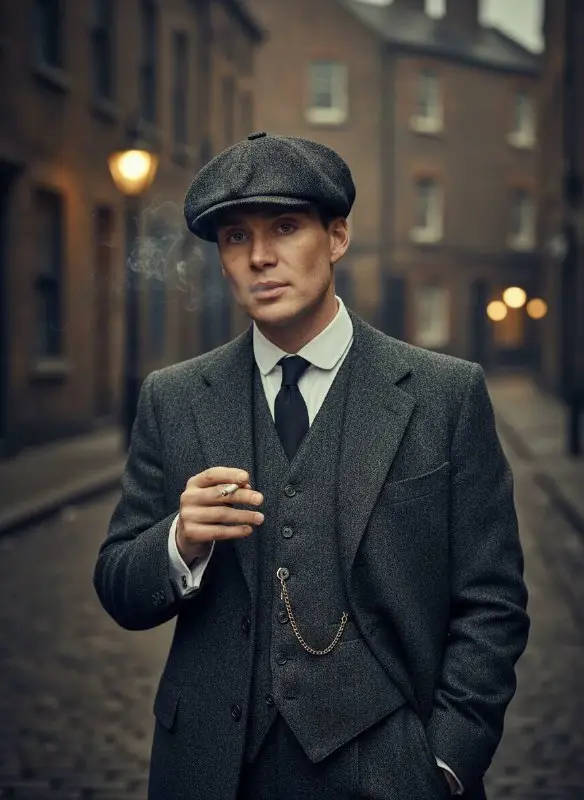 Moody Vintage Portrait of Man in Grey Tweed Suit Smoking