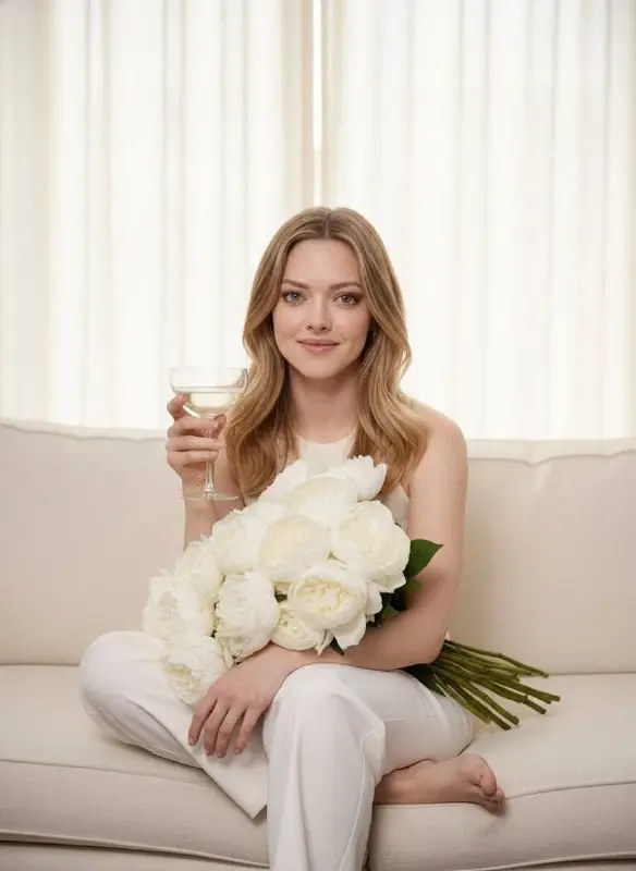 Elegant woman sitting on sofa with white flowers and wine