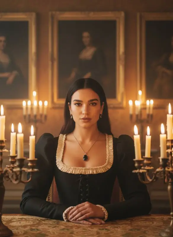 Elegant woman in vintage black dress at candlelit table portrait