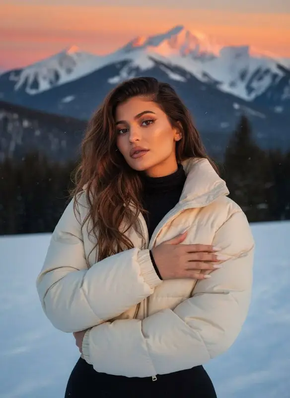 Fashionable woman in white puffer jacket posing against snowy mountains