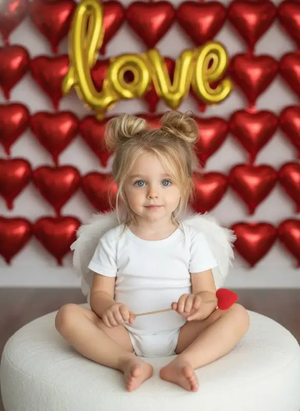 Toddler Girl Cupid Valentine's Day Photoshoot with Red Heart Balloons