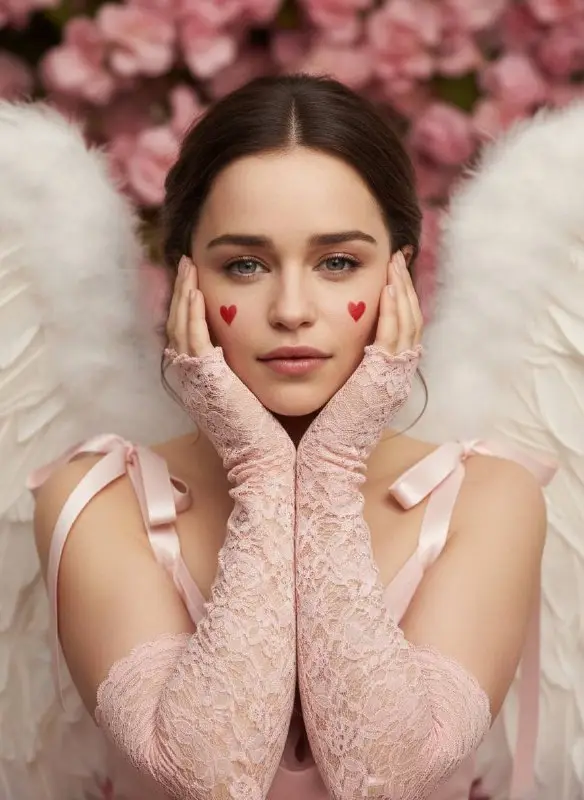 Beautiful Angel Portrait with Heart Cheek Stickers and Pink Lace