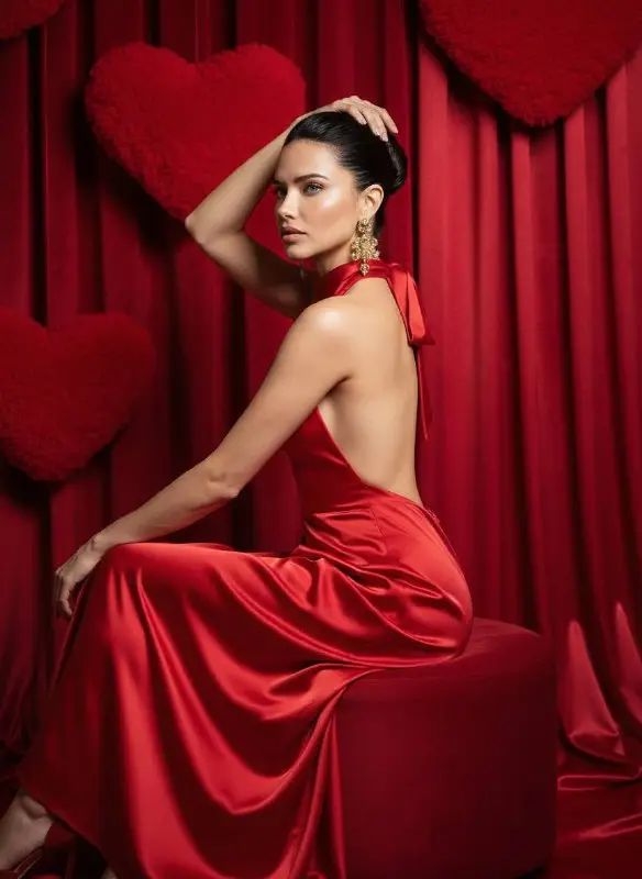 Elegant woman in red backless dress posing against heart backdrop
