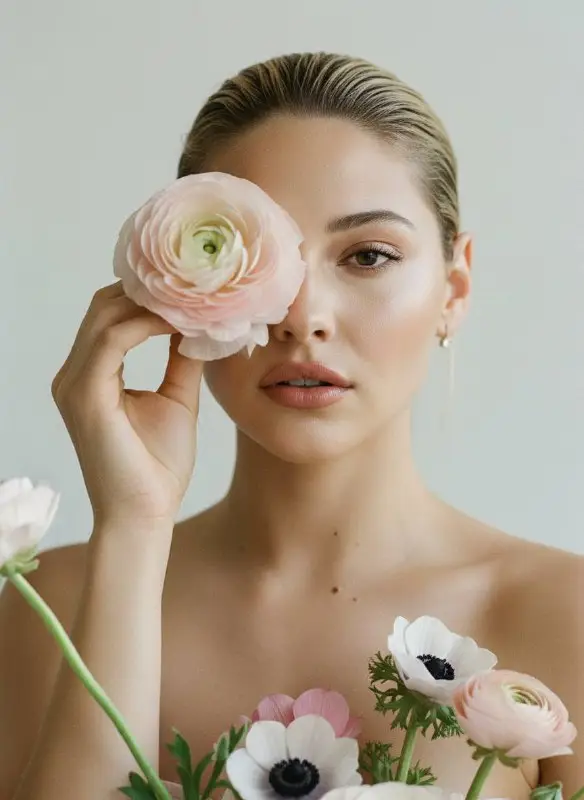 Beautiful woman holding pink flower over her eye artistic portrait