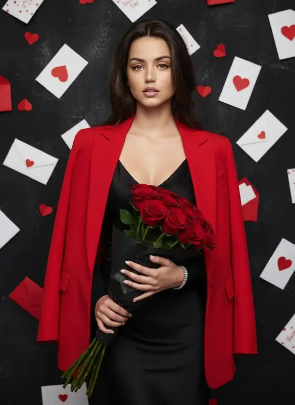 Elegant woman holding red roses bouquet in front of romantic background