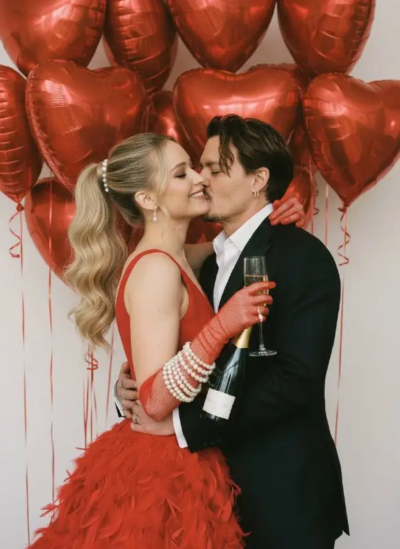 Romantic Couple Celebrating with Red Heart Balloons and Champagne