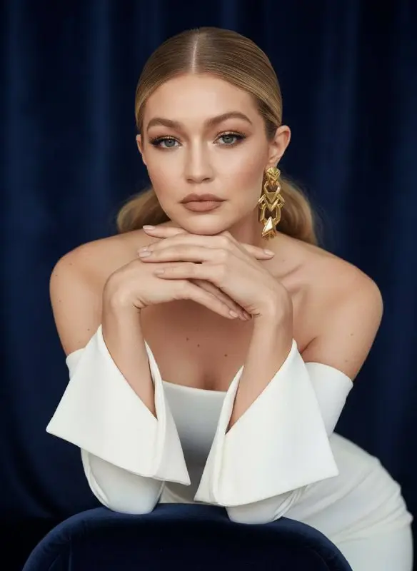 Elegant blonde woman in white off-the-shoulder dress studio portrait