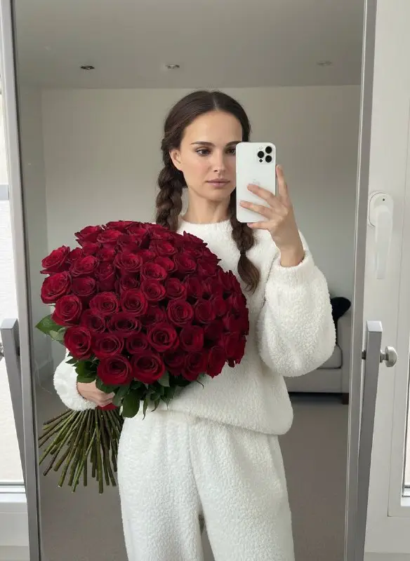 Woman taking mirror selfie holding massive bouquet of red roses