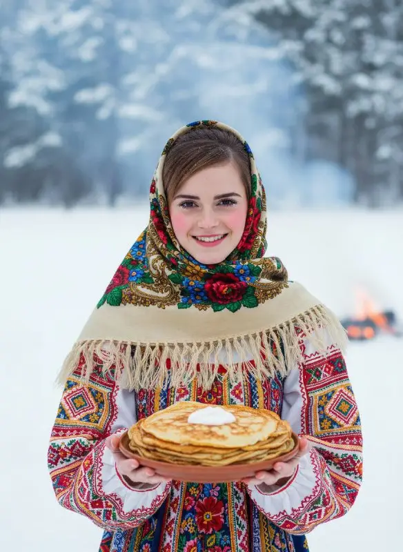Woman in traditional Slavic dress holding pancakes in winter snow