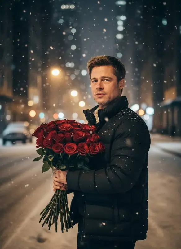 Handsome man holding a large bouquet of red roses in snowy city