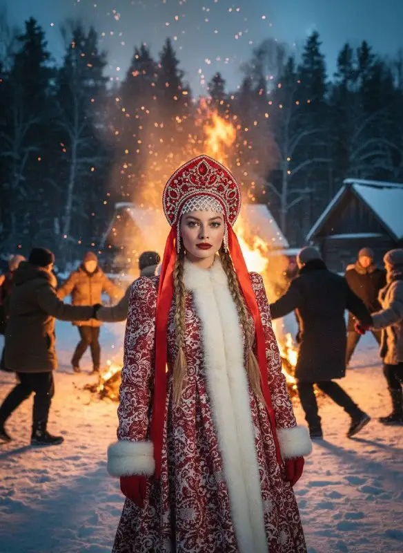 Woman in Traditional Red Winter Attire at Snowy Bonfire Celebration
