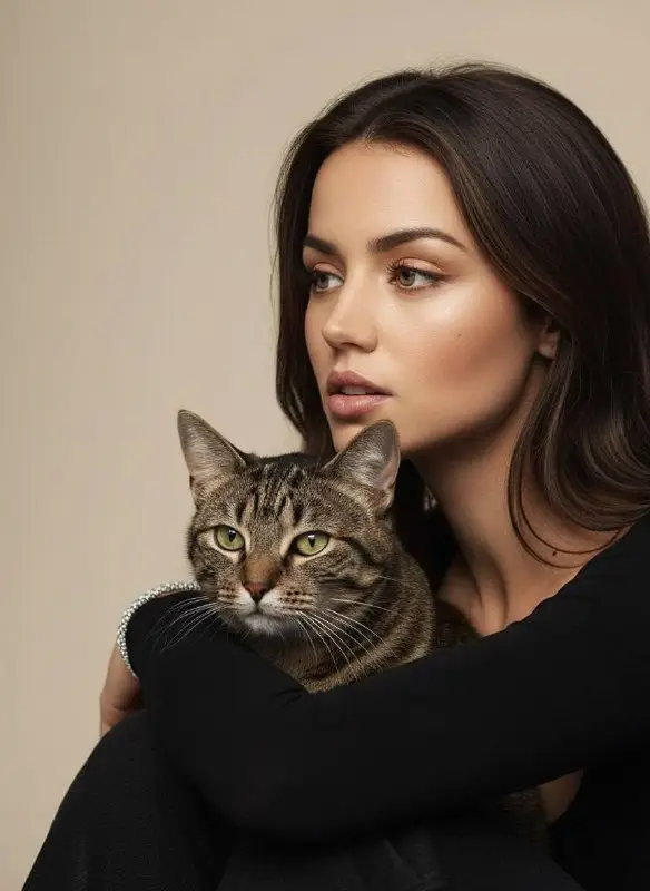 Elegant young woman holding a tabby cat in studio portrait