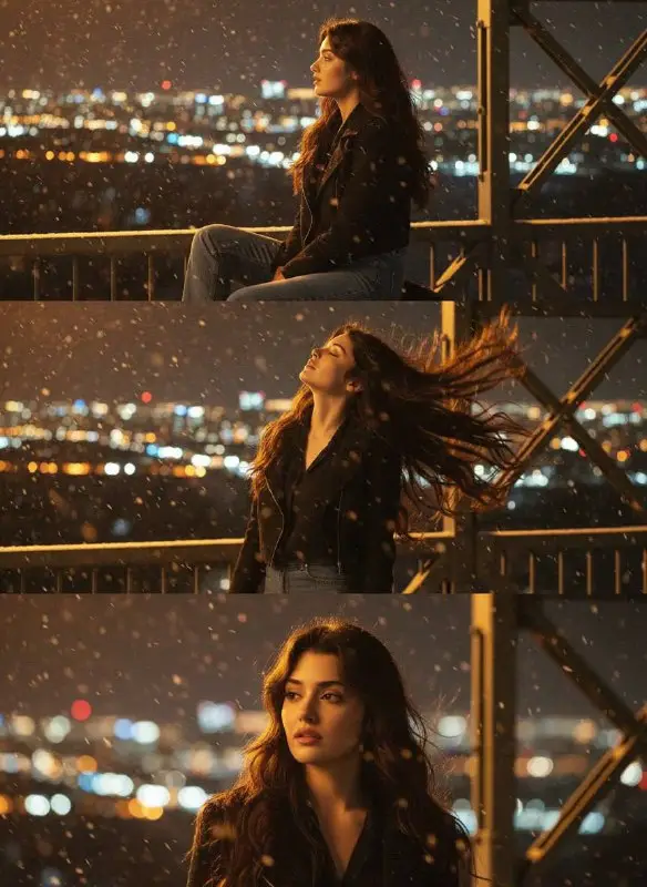 Young woman portrait in falling snow overlooking night city skyline