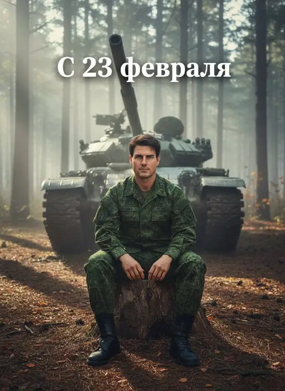 Soldier in military uniform sitting in forest with army tank