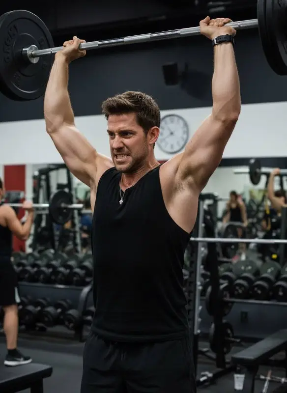 Muscular man performing overhead barbell press workout in gym