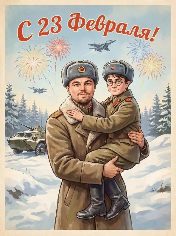 Vintage Soviet Style Military Poster of Father and Son