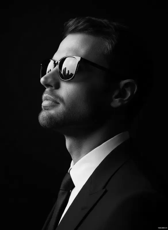 Sophisticated man in suit and sunglasses profile black and white portrait