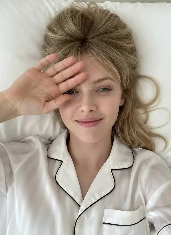 Cozy Morning Selfie of Blonde Woman in White Pajamas