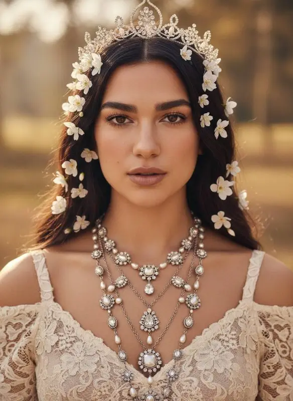 Beautiful Woman with Floral Crown and Ornate Necklace Portrait