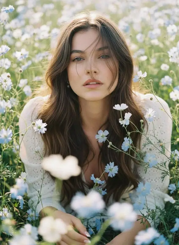 Dreamy portrait of a young woman lying in a flower field