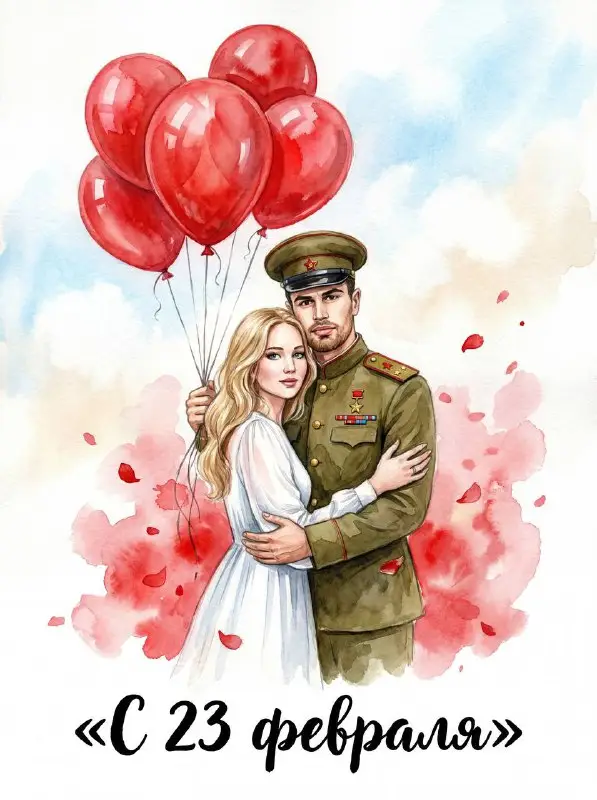 Watercolor illustration of a military man and woman with red balloons