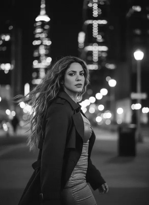 Elegant Woman Walking Through City at Night Black and White