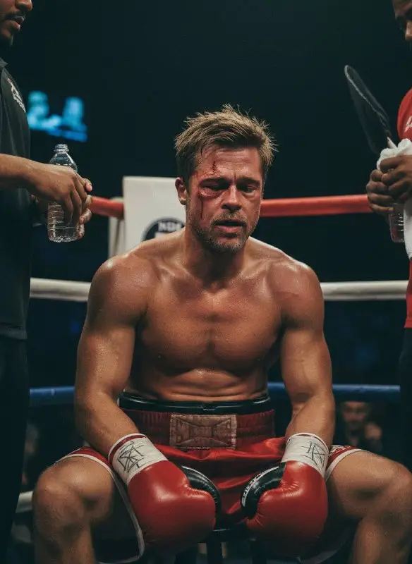 Tired Boxer with Facial Injuries Resting in Ring Corner