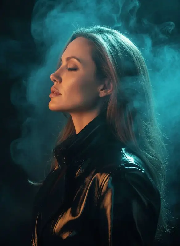 Side Profile of Woman in Leather Jacket with Cinematic Smoke