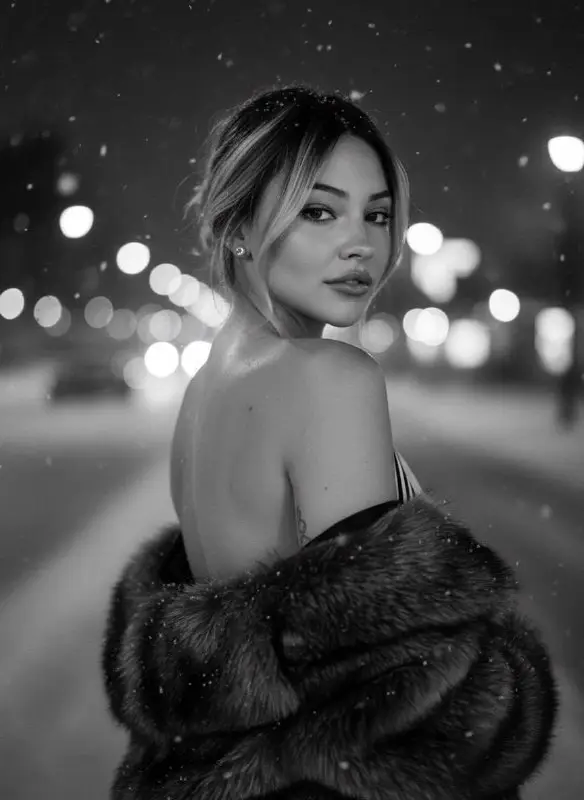 Elegant woman in fur coat on snowy city street at night