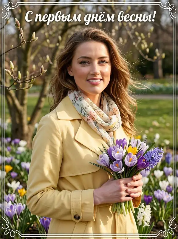 Smiling woman in yellow coat holding spring flower bouquet