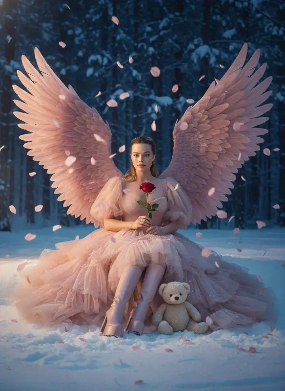 Angel Woman with Pink Wings in a Winter Snowy Forest