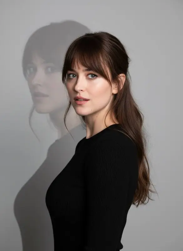 Elegant Studio Portrait of Woman with Profile Shadow Background