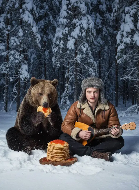 Man playing balalaika in snowy forest with a brown bear eating