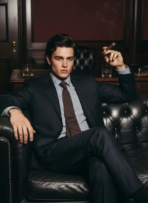 Sophisticated Young Man in Suit Sitting on Leather Sofa with Cigar