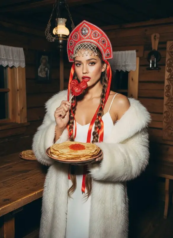 Woman in Traditional Russian Kokoshnik Wearing White Fur Coat