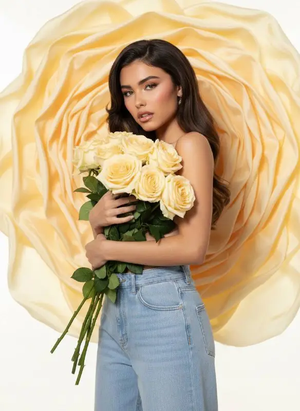 Beautiful woman posing with cream roses and giant floral backdrop