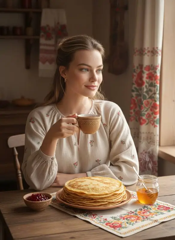 Young Woman Enjoying Breakfast with Pancakes in Rustic Kitchen